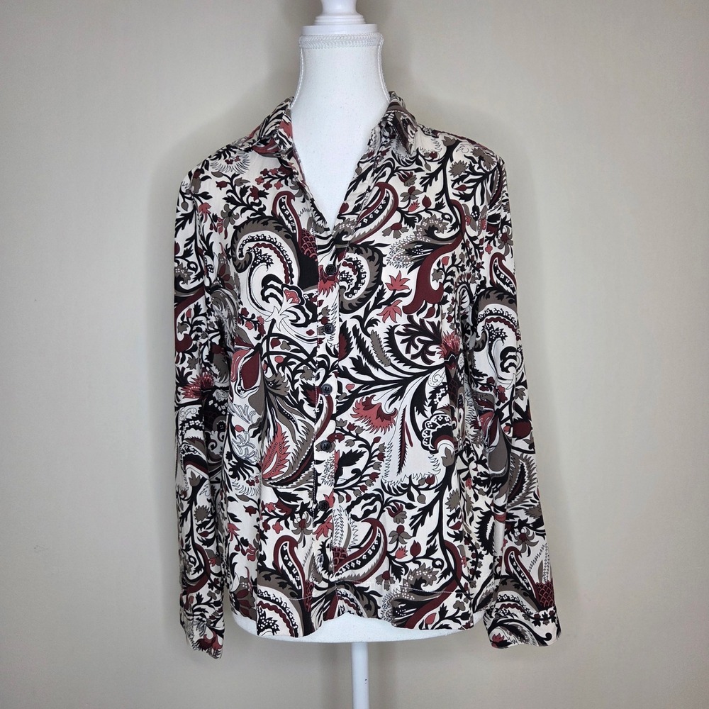 Elie Tahari Womens Medium Viscose Paisley Floral Button Down Blouse Multicolor